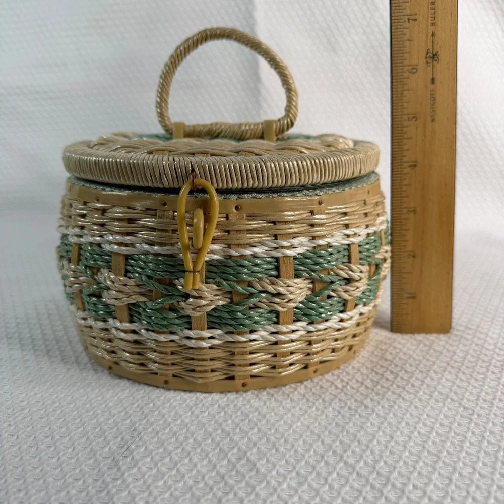 Vintage Singer Round Woven Sewing Basket Floral Lining Pin Cushion Tray Japan